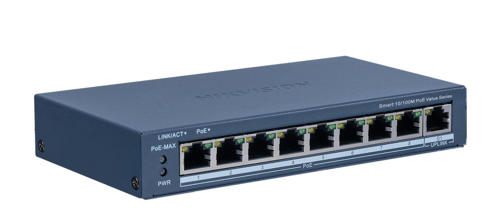 SWITCH POE+ HIKVISION DS-3E1309P-EI|M 8 PUERTOS 10|100 MBPS 1 PUERTO GIGABIT UPLINK POE HASTA 300MTS 60W