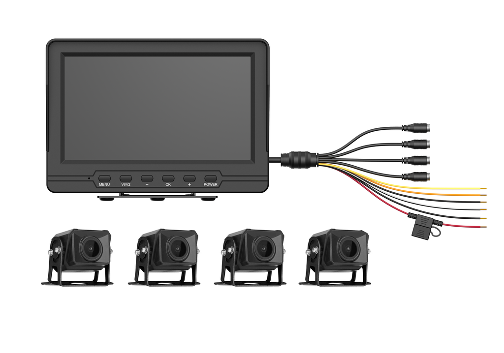 KIT HIKVISION VEHICULAR 4 CAMARAS 1080P AE-VD2501A-A|NTSC INDOOR | OUTDOOR PANTALLA 7" A COLOR | MICRO SD 64GB EXPANDIBLE A 512GB SOPORTA CAMBIO DE RETROCESO INCLUYE ACCERIOS DE INSTALACION