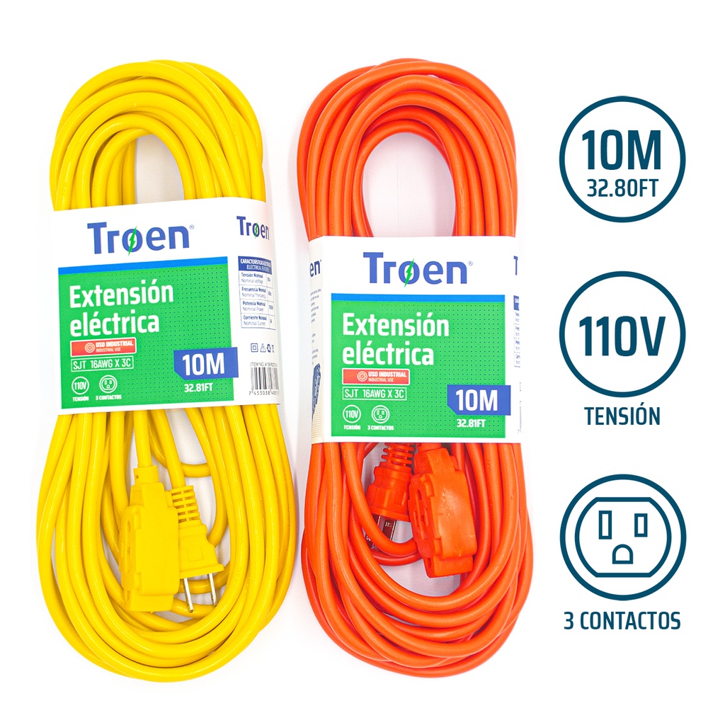 EXTENSION ELECTRICA | TROEN | 10MTS | CALIBRE 16AWG | MAXIMO 10 AMPER | NARANJA | AMARILLO A136-R2723-10