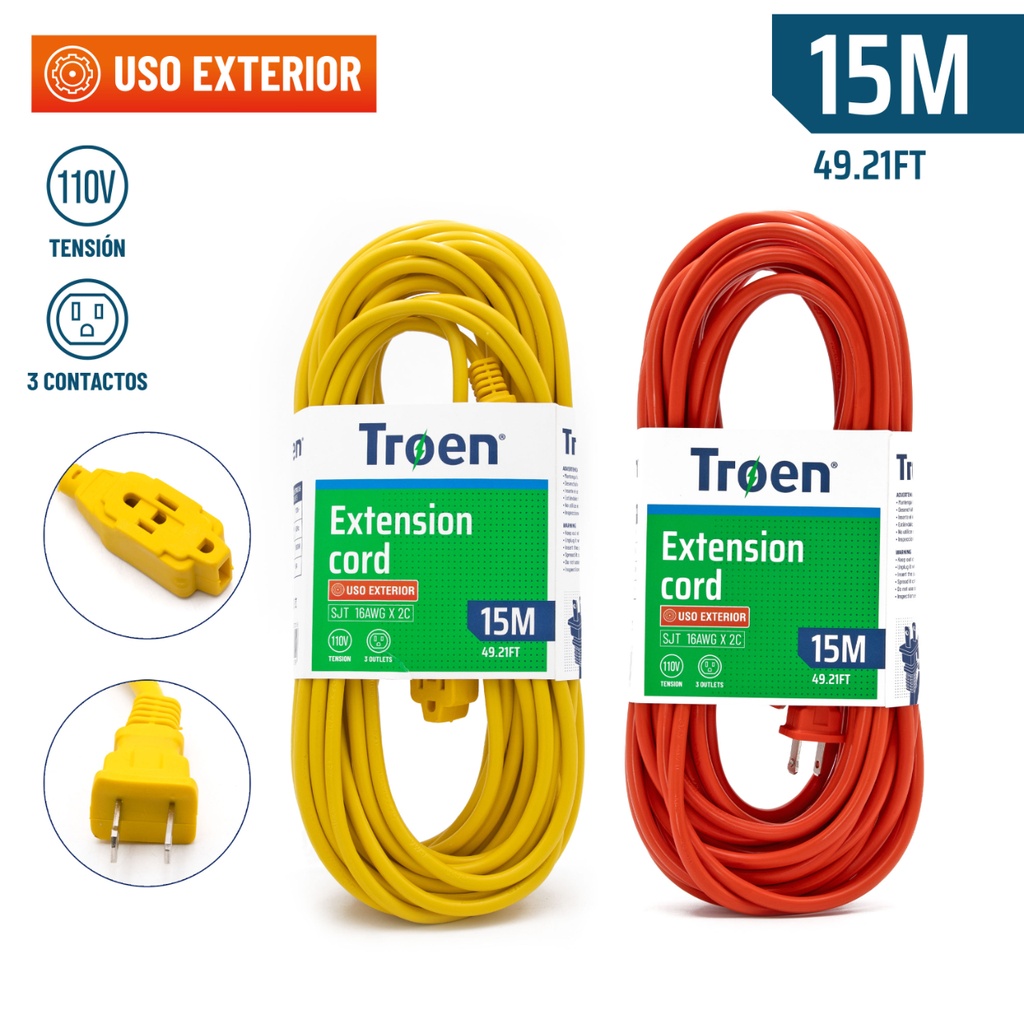 EXTENSION ELECTRICA TROEN 15MTS CALIBRE 16AWG MAXIMO 10 AMPER NARANJA | AMARILLO A136-R02723-15