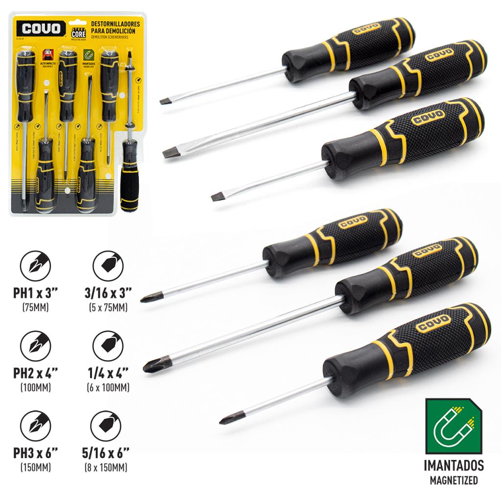SET DESTORNILLADORES 6 PIEZAS COVO PALA ESTRIA MANGO DE GOMA IMANTADOS GRADO PROFESIONAL CV-SH-6P