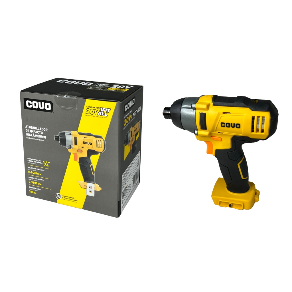 TALADRO DESTORNILLADOR DE IMPACTO COVO 20V INALAMBRICO 1|4" 2400RPM BATERIA NO INCLUIDA CV-IMPADR-20V