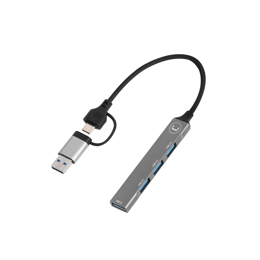 HUB MINI UNNO TEKNO 4 PUERTOS DOBLE USB TIPO A Y TIPO C A 3X USB 2.0 1 USB 3.0 HB1014SV