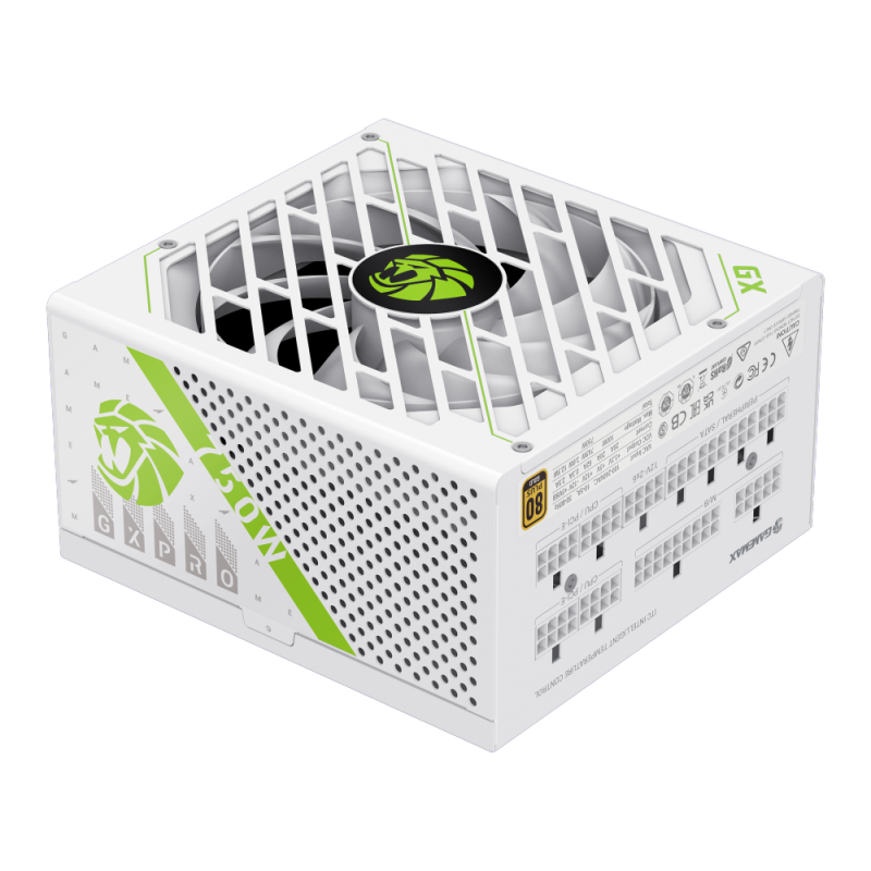 FUENTE DE PODER CERTIFICADA GAMEMAX 750W GAMING | GX-750 PRO WH | 80 PLUS GOLD | ATX 3.1 APFC | 12V | 13.5CM | FULL MODULAR BLANCO
