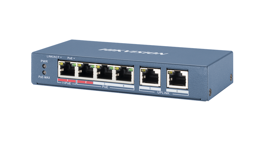 SWITCH DE ESCRITORIO HIKVISION 4 PUERTOS DS-3E0106HP-E | 10|100 MBPS | 4 POE | 60W | 2 PUERTOS UPLINK