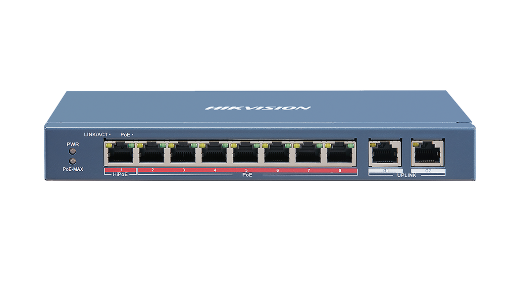 SWITCH DE ESCRITORIO HIKVISION 8 PUERTOS DS-3E0310HP-E | 8 POE 10|100MBPS | 90W | 2 PUERTOS UPLINK GIGABIT