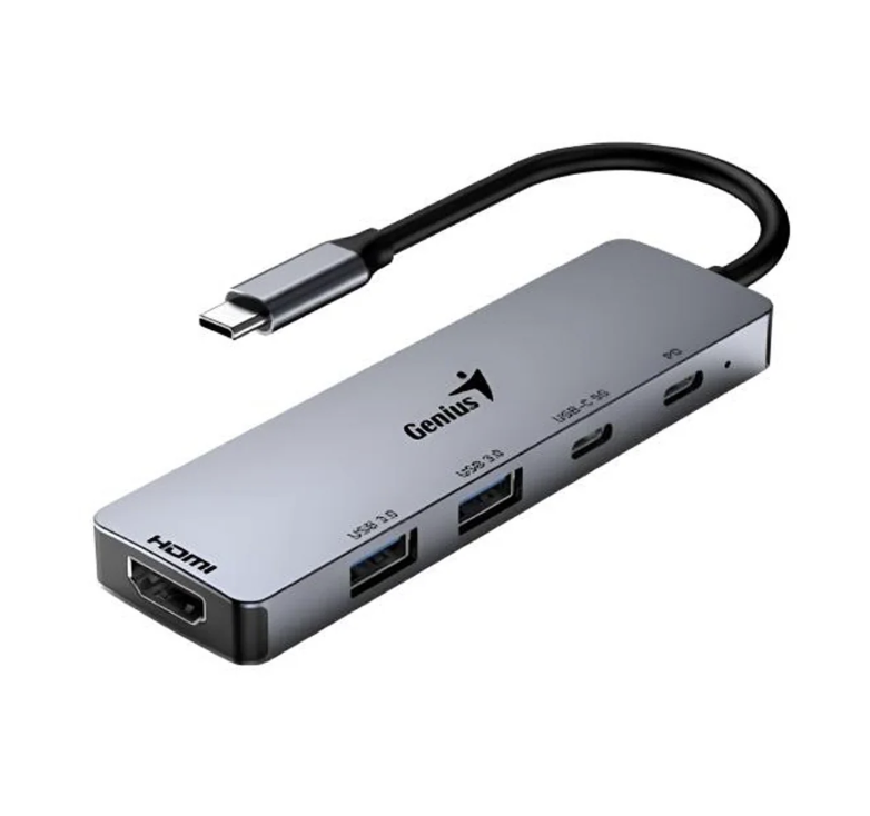 HUB GENIUS 5 EN 1 UH-500 | TIPO-C | 2 USB 3.0 | 1 PD 100W | 1 HDMI 4K | GRIS PLOMO