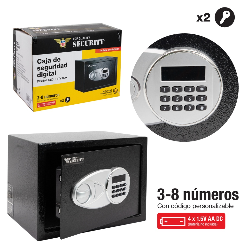 CAJA DE SEGURIDAD DIGITAL 25 X 35 CM NEGRO SECURITY CODIGO DE 3 A 8 DIGITOS 2 LLAVES INCLUIDAS BATERIAS INCLUIDAS SC-SFB2202