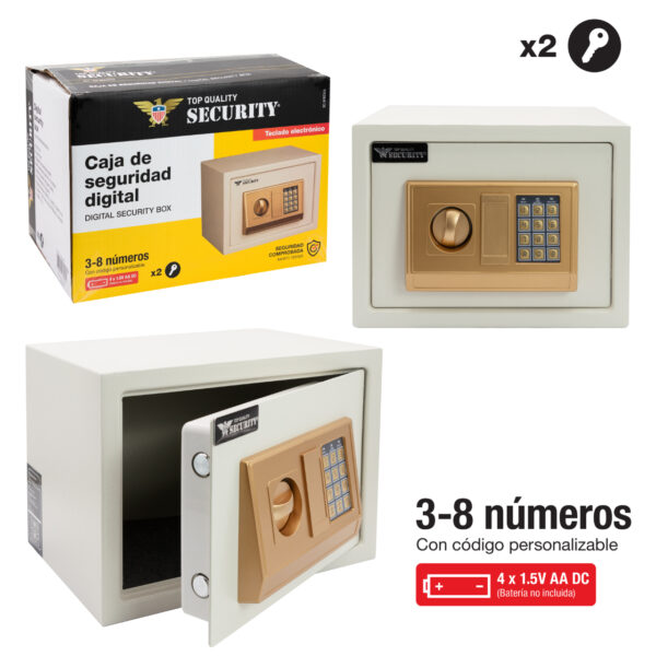 CAJA DE SEGURIDAD DIGITAL 25 X 35 CM DORADO SECURITY CODIGO DE 3 A 8 DIGITOS 2 LLAVES INCLUIDAS BATERIAS INCLUIDAS SC-SFB2203