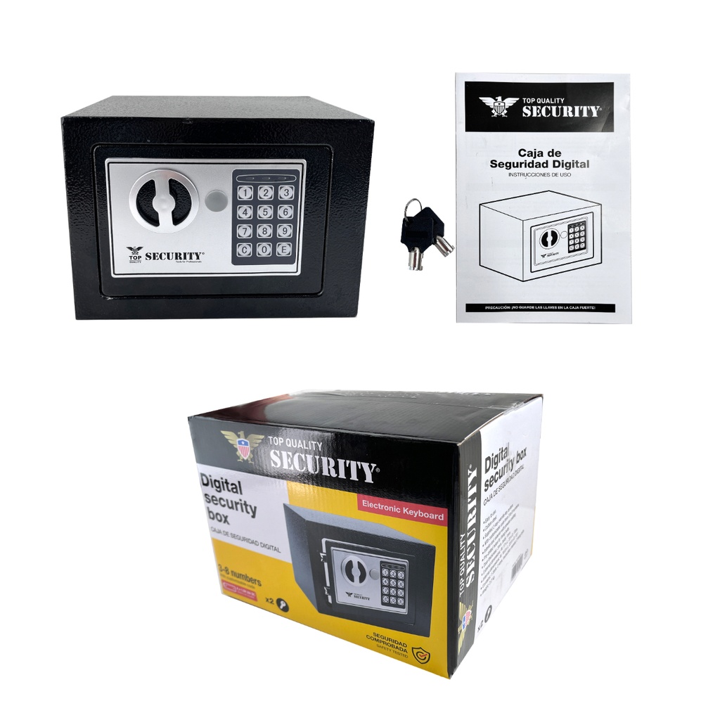 CAJA DE SEGURIDAD DIGITAL | 17 X 23 CM | NEGRO | SECURITY | CODIGO DE 3 A 8 DIGITOS | 2 LLAVES INCLUIDAS | BATERIAS NO INCLUIDAS | A307-SFB4-6L