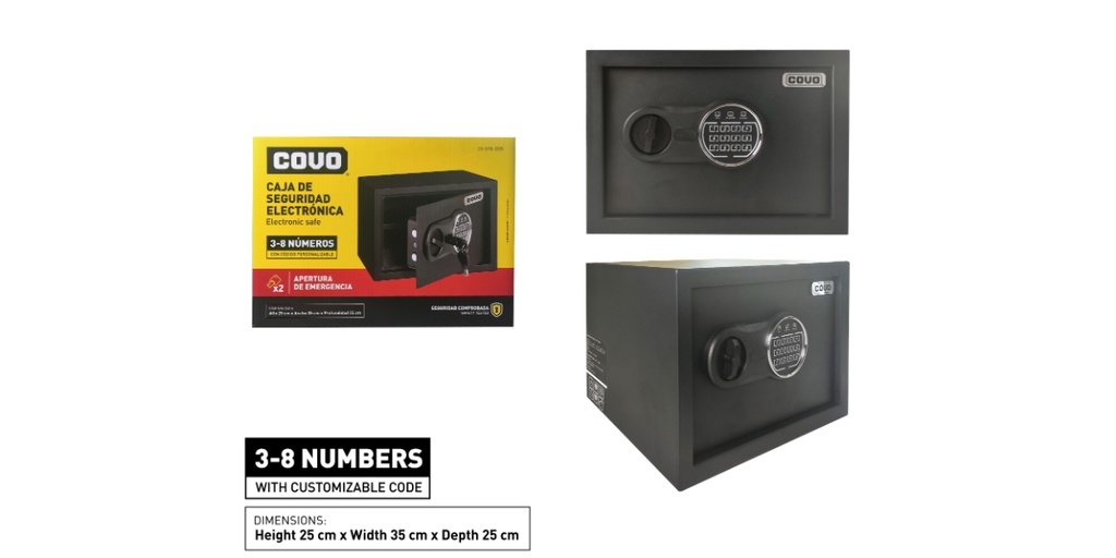 CAJA DE SEGURIDAD ELECTRONICA 25 X 35CM COVO PERNOS DE ACERO INOXIDABLE CODIGO HASTA 8 DIGITOS LLAVE DE EMERGENCIA BATERIAS NO INCLUIDAS CV-SFB-2535