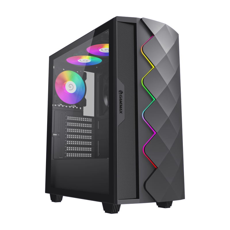 CASE GAMING GAMEMAX DIAMOND CP | ATX | USB 3.0 + 2 USB 2.0 | HD AUDIO | 4X FAN ARGB | LATERAL VIDRIO TEMPLADO | NEGRO