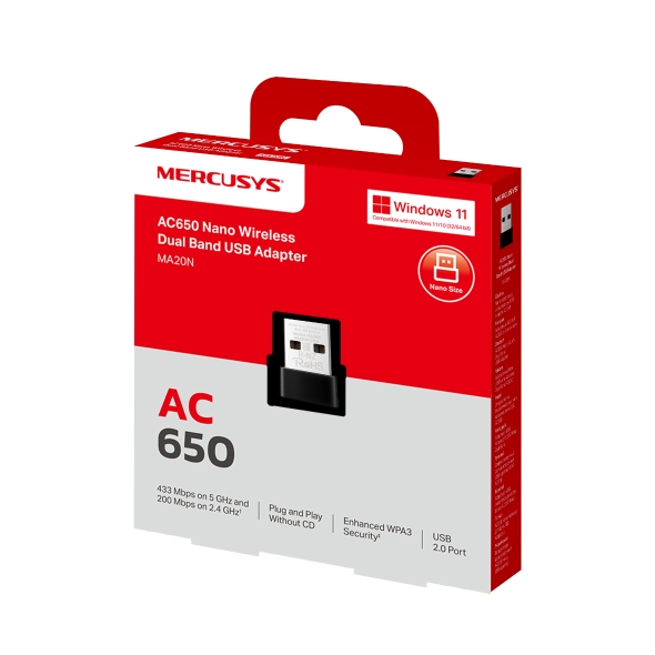 ADAPTADOR WIFI MERCUSYS USB INALAMBRICO DUAL BAND AC650 433 MBPS (5 GHZ) + 200 MBPS (2,4 GHZ) MA20N