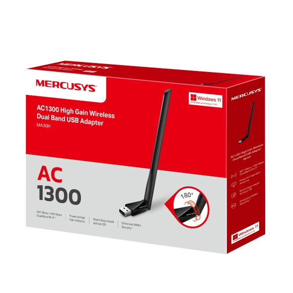 ADAPTADOR WIFI MERCUSYS USB INALAMBRICO DUAL BAND AC1300 867 MBPS (5 GHZ) + 400 MBPS (2,4 GHZ) MA30H