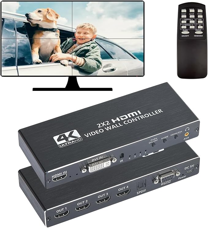 CONTROLADOR VIDEOWALL PARA TV 4K 2X2 CON ENTRADA HDMI+DVI+RS232, SOPORTE DE ROTACIÓN DE 180°, SOPORTE DE SALIDA 4 HDMI, SOPORTE DE IMÁGENES DE COSTURA 1X2 1X3 1X4 GGROZZA