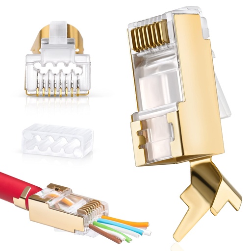 [203458] CONECTOR ZOERAX | 30 UNIDADES | RJ45 CAT8 | CAT7 | CAT6A 8P | 8C 50UM | BLINDADO | CHAPADO EN ORO | PASO COMPLETO