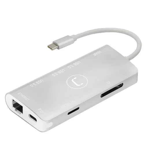 [201302] HUB UNNO TEKNO TIPO C 8 EN 1 HDMI 4K USB 3.0 RJ45 SD PUERTO CARGA HB1108SV