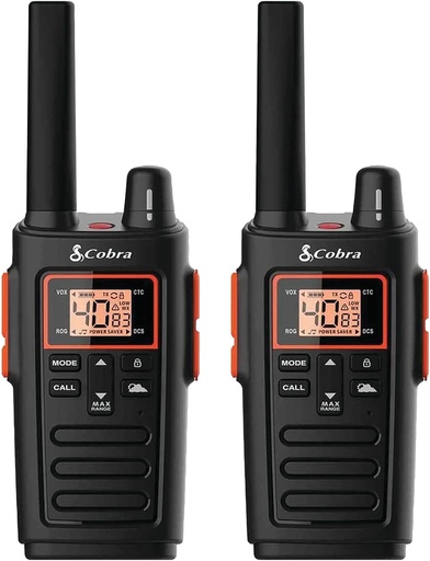 [204371] RADIOS | COBRA | WALKIE TALKIES | RX380 | (PAQUETE DE 2) | BIDIRECCIONALES | LARGO ALCANCE | 40 CANALES PREPROGRAMADOS | ALERTAS METEOROLÓGICAS | LINTERNA LED | BATERÍAS NIMH DE LARGA DURACION | BBORX380