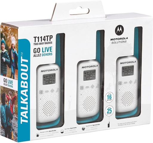 [204370] RADIOS MOTOROLA T114TP DOS VIAS 16 MILLAS COLOR BLANCO Y AZUL 3 PACK PK001066A01