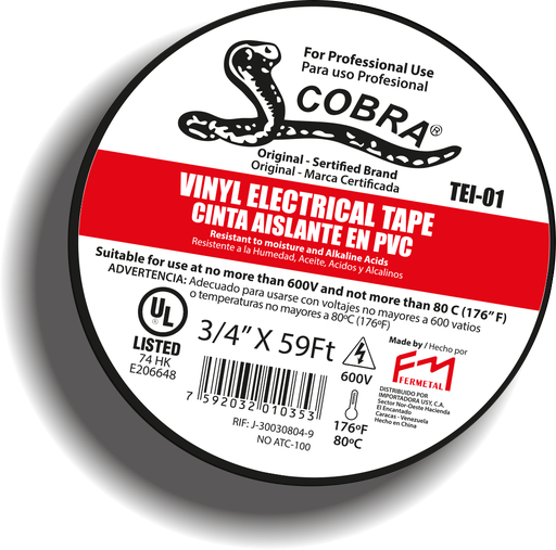 [204062] TEIPE NEGRO COBRA PVC TROQUELADO FERMETAL 18MTS 3/4" TEI-01