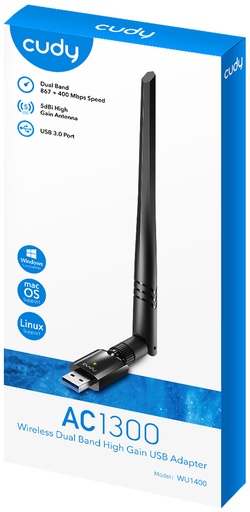 [204038] ADAPTADOR USB WIFI CUDY WU1400 AC1300 USB 3.0DUALBAND 1 ANTENA