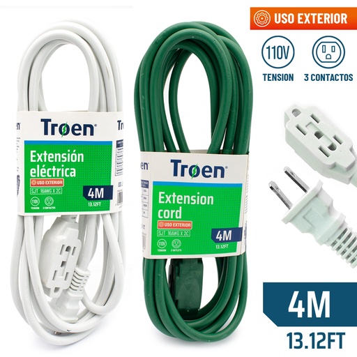 [H8140] EXTENSION ELECTRICA TROEN 4MTS CALIBRE 16AWG MAXIMO 10 AMPER BLANCO | VERDE 3 TOMAS A136-R02723-4-G