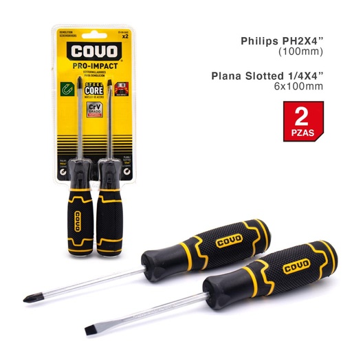 [H8810] SET DESTORNILLADORES 2 PIEZAS COVO PALA ESTRIA 6X100MM MANGO DE GOMA GRADO PROFESIONAL CV-SH-0602