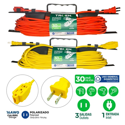 [H12986] EXTENSION ELECTRICA TROEN 30MTS CALIBRE 16AWG MAXIMO 10 AMPER NARANJA | AMARILLO A136-R2723-30
