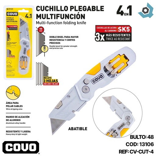 [H13106] CUCHILLO PLEGABLE MULTIFUNCION COVO 4 EN 1 MAGO DE ALEACION DE ALUMINIO INCLUYE 3 HOJILLAS CV-CUT-4